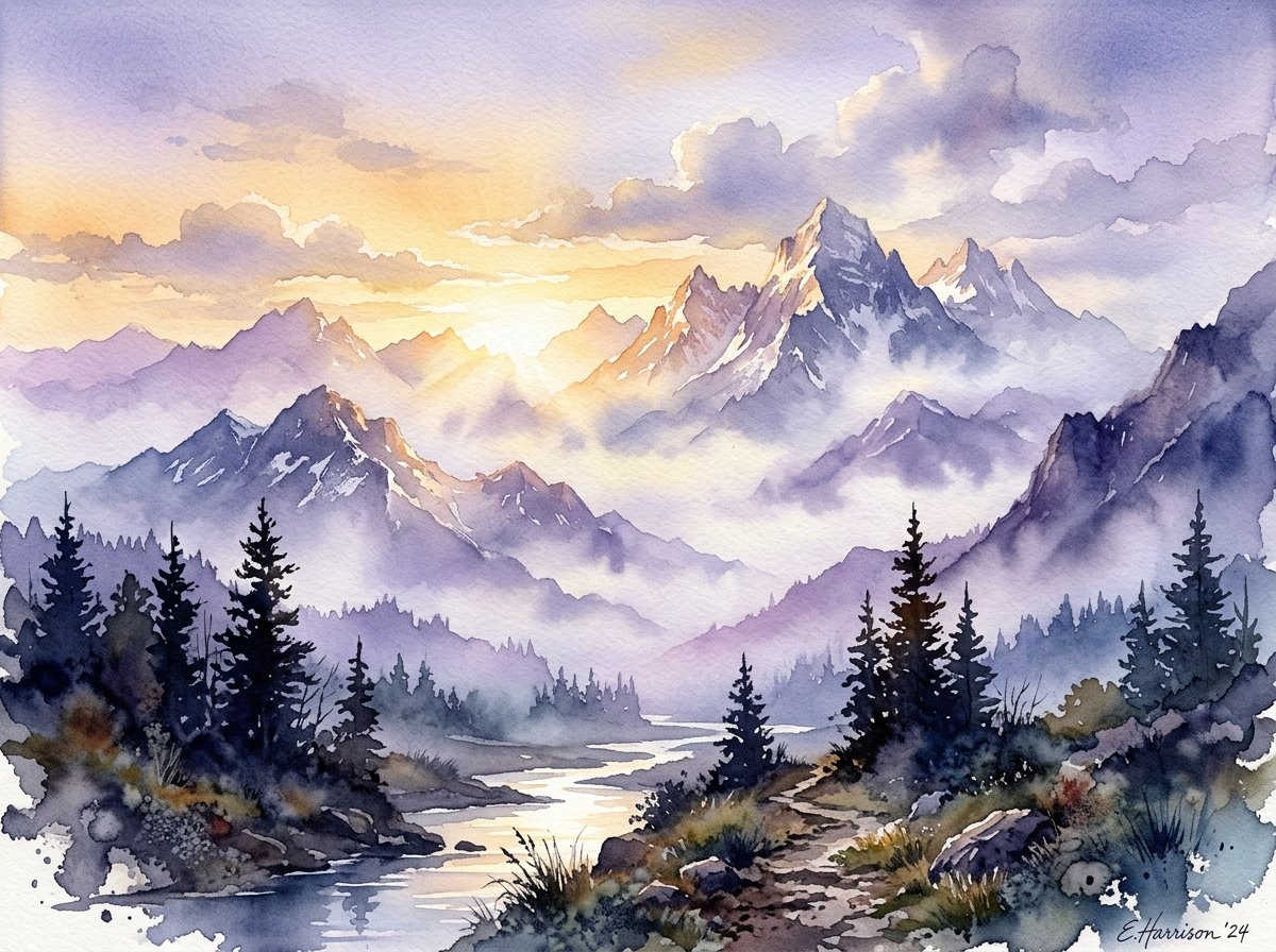 Dawn Over Alpine Ridges - Fine Art Watercolor Painting